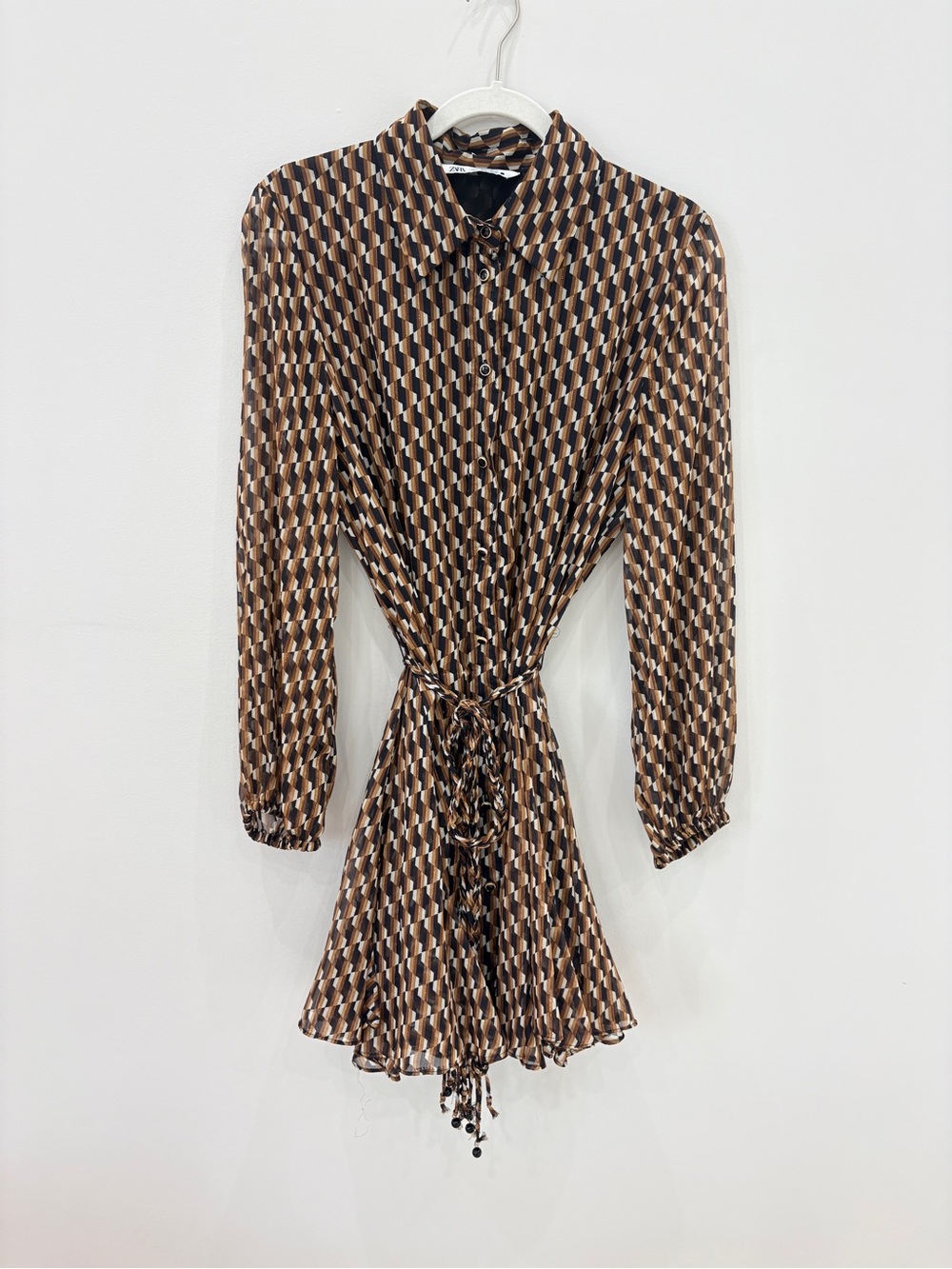 Zara Brown Geometric Long-Sleeve Dress